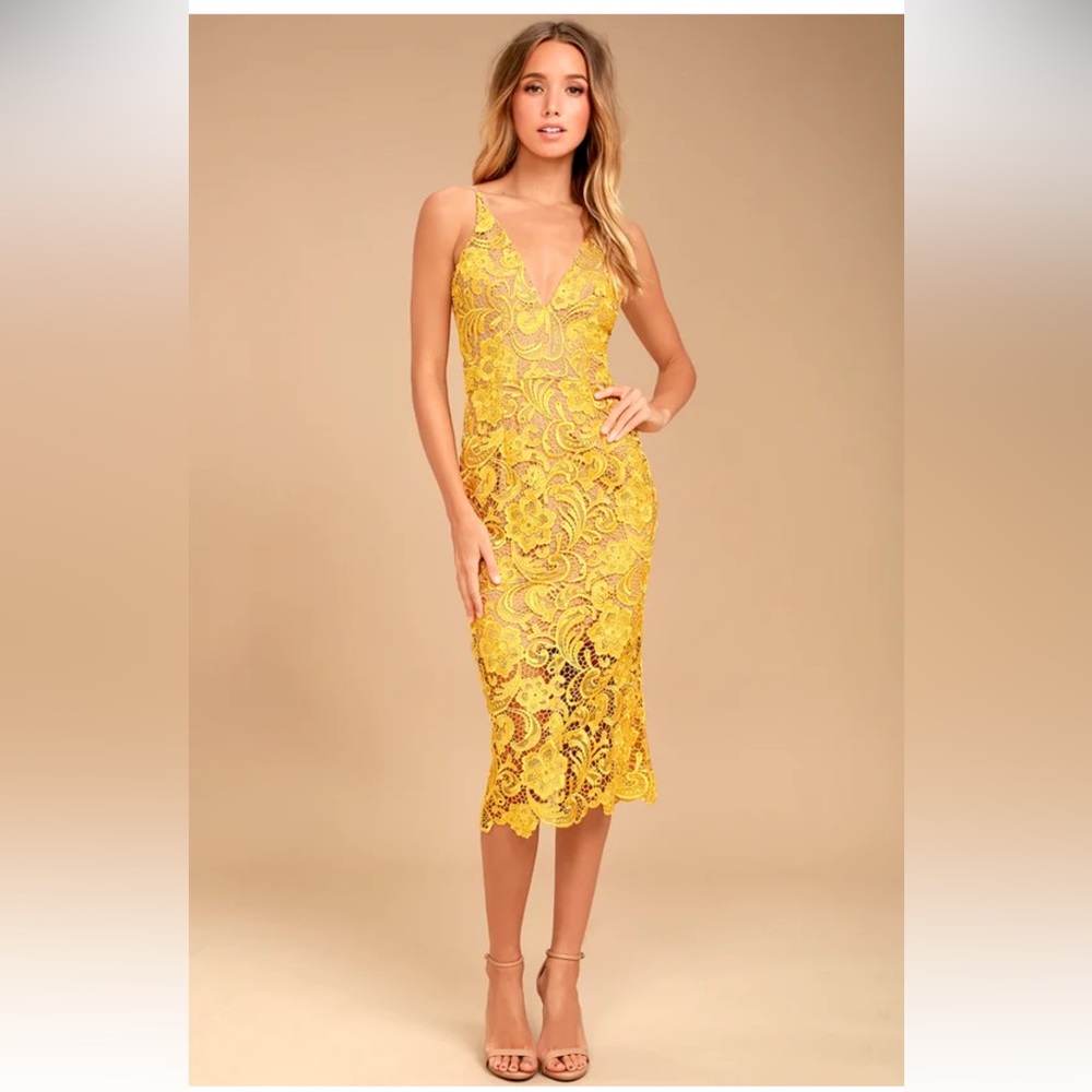 Dress the Population Marie Yellow Lace Midi Dress size XS